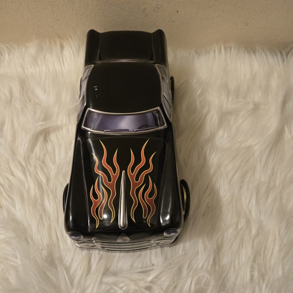 SILVER CRANE COMPANY HOT ROD STORAGE ORGANIZER TIN  BLACK & YELLOW WITH  FLAMES